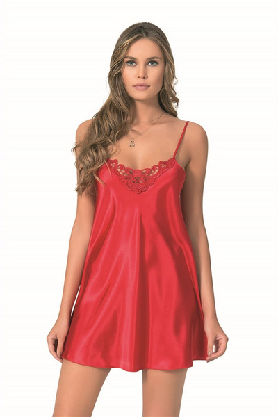 Marche Bien Stylish Design Soft Textured Lace Embroidered Red Short Satin Nig...
