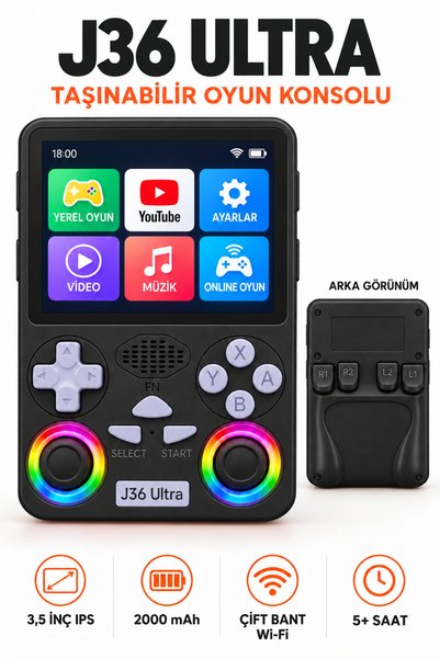 Ayers J36 Ultra 64 GB Taşınabilir Retro Oyun Konsolu, 3,5 İnç IPS Ekranlı, 8 ...
