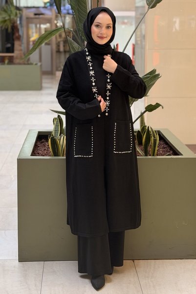 FUAT GÜRSEN Fuat Gürşen Stone and Trok Embroidered Medium Length Open Front K...