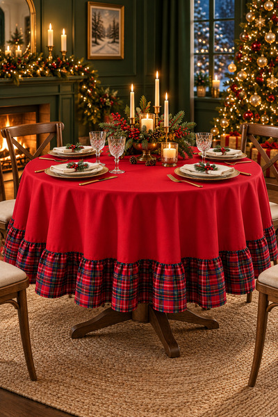 Soft Kare Red Plaid Ruffled Round Tablecloth – Liquid-Proof, Stain-Resistant,...