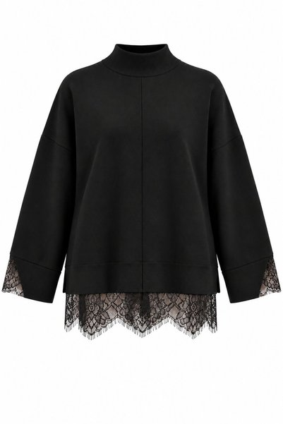 Laluvia Pulover negru cu manșete tip pescar și dantelă la tiv - 0136