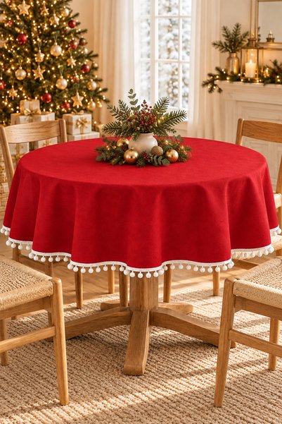 Soft Kare Special New Year's Gift: Round Tablecloth with Pompom Detail – Liqu...