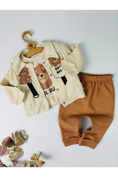 BEBERAZZİ Teddy Bear Themed Three-Piece Bodysuit and Cardigan Baby Set
