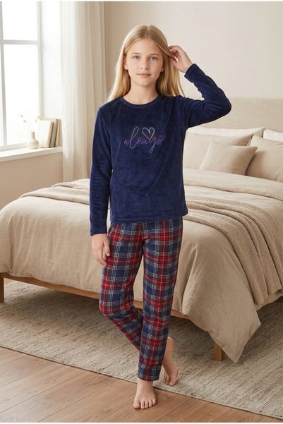 GOOD NİGHT Kız Çocuk Lacivert Kadife Pijama Takımı - Kalp Nakışlı Ekose Altlı...