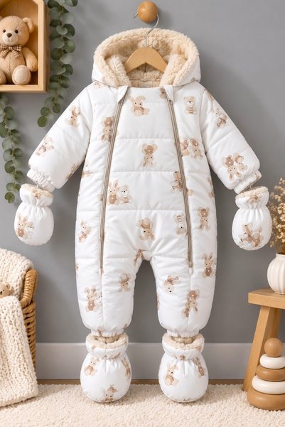 DeKuBaby Sevimli Tavşan Desenli İçi Peluş Kapüşonlu Tak-Çıkar Eldiven Ve Patikli Kışlık Çocuk-Bebek Astronot Tulum - Kozmonot Mont