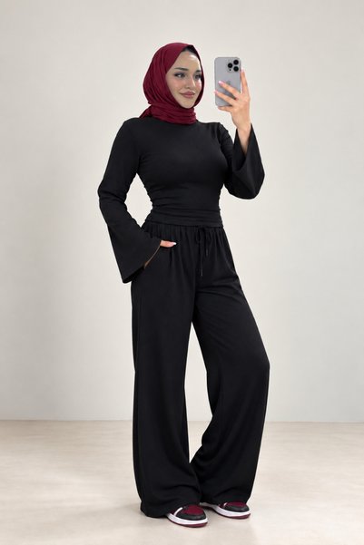 BNGL Boutique طقم نسائي مكون من بنطلون أسود برباط وبلوزة برباط خلفي تلتصق بالخصر