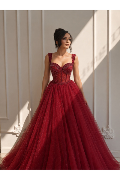 parisgelinlik Bordo Taş İşlemeli Askılı Korsajlı Prenses Model Nişanlık Abiye...