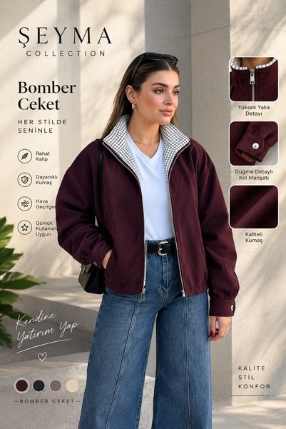 sira butik Yüksek Yaka Fermuarlı Düğme Manşetli Oversize Bomber Ceket