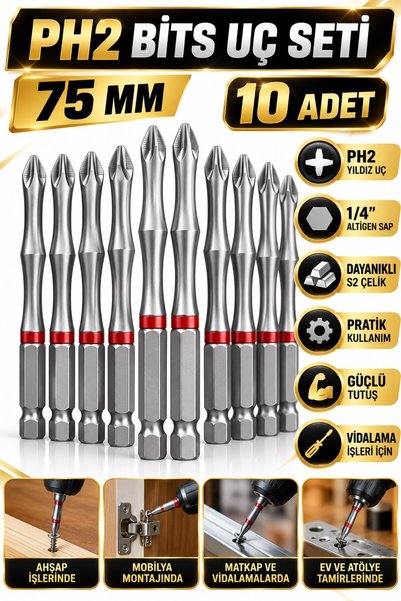 Trendhane PH2 Yıldız Bits Uç Seti 75 mm 10 Adet S2 Çelik Kaymayı Azaltan Uç Y...