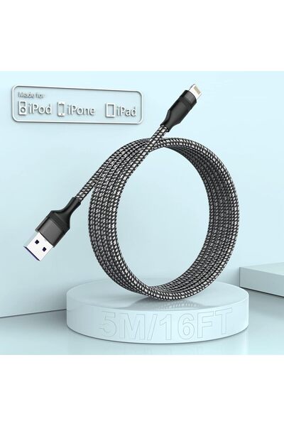 MTAKYI كابل USB A إلى Lightning بطول 5 متر، كابل شحن سريع للآيفون معتمد من MFi