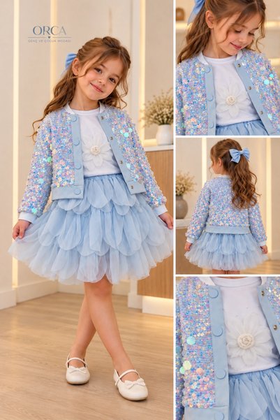 nk kids Kız Çoçuk Pul Payetli Elsa 3lü Takım Mavi (4-8 yaş)