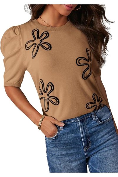 Dokotoo Women's Short Puff Sleeve Knit Tops 2026 Trendy Crewneck Striped T Sh...