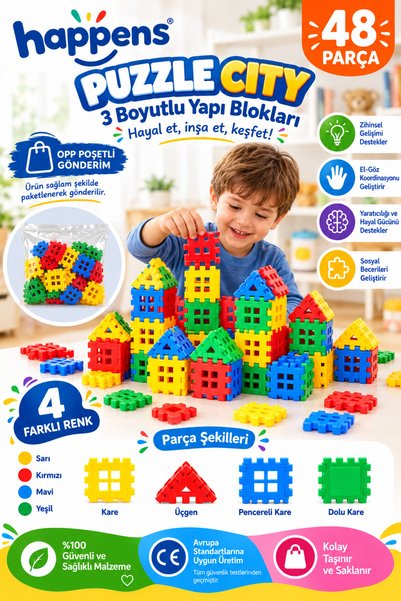 HAPPENS 48 parça Puzzle City 4D Yapı Ve Tasarım Blokları Parça Eğitici Oyuncak