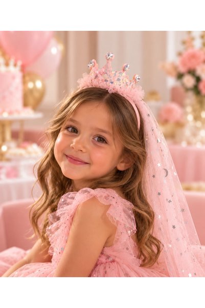 Didosh Party House Pink Girl's Princess Crown with Tulle Veil – 43 cm Star Pa...
