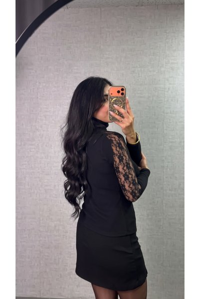 oada Women's Black Turtleneck Lace Sleeve Detailed Camisole Blouse