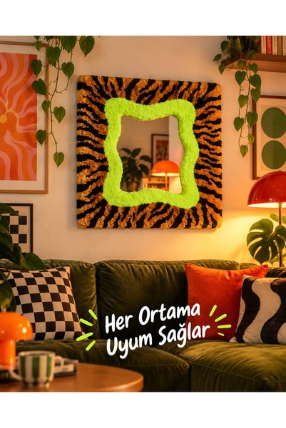 Tufting Tiger Desenli Dekoratif Ayna | El Yapımı Yumuşak Dokulu Retro Duvar Aynası