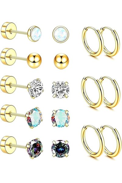 GENERAL ALMEKAQUZ 8 Pairs Flat Back Earrings Set Steel Hypoallergenic Sensitive