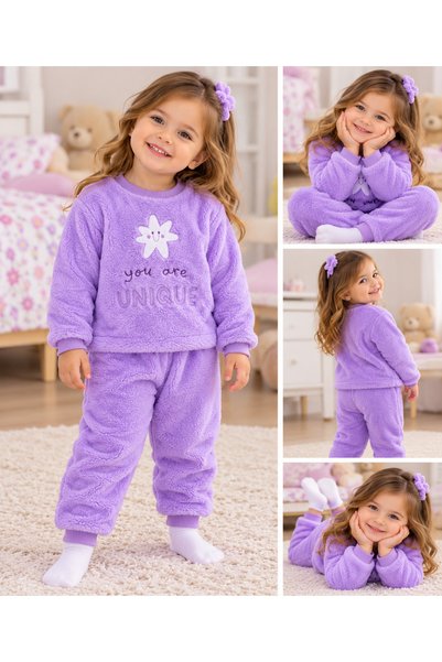 SERPİL Kız Çocuk Peluş Pijama Takımı Çiçek Baskılı Yumuşak Kışlık 2 Parça Alt Üst Takım