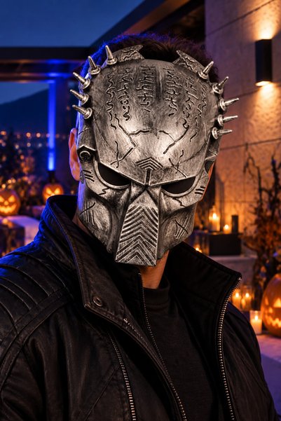 DODOMAR Predator Style Silver Horror Mask with Spikes Pattern Halloween Hallo...