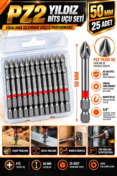 Trendhane PZ2 Yıldız Bits Uç Seti 50 mm 25 Adet S2 Çelik 1/4 İnç Altıgen Şaft...