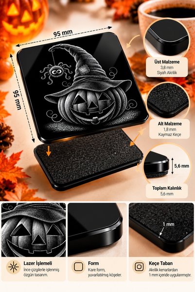 PakerStudio Halloween-Themed Acrylic Laser-Engraved Coaster (with Witch Hat, Pumpkin, and Spider Patterns) (Felt Base)