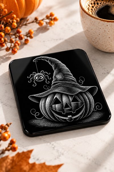 PakerStudio Halloween-Themed Acrylic Laser-Engraved Coaster (with Witch Hat, Pumpkin, and Spider Patterns) (Felt Base)