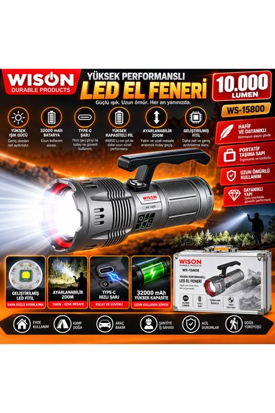 wison WS-15800 LED El Feneri 10000 Lümen 32000 mAh Type-C Şarjlı Ayarlanabili...