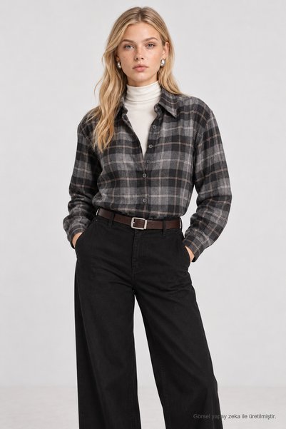 Lovelyİstanbul Plaid Patterned Woven Shirt Lyy0153 Anthracite Gray