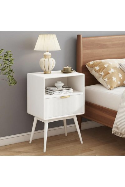 Generic White Nightstand,Modern Bedside Table with Storage Drawer and Open Wo...
