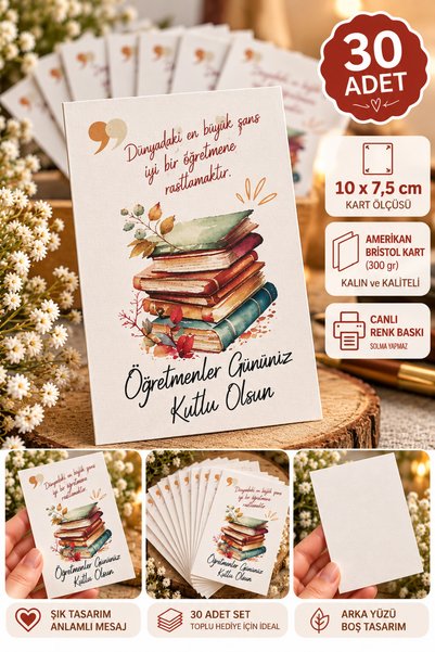 PAMEPAW Öğretmenler Günü Not / Teşekkür Kartı 10x7,5 cm. Öğretmenler Gününüz Kutlu Olsun-30 Adet