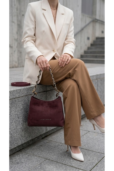 Just Polo طقم حقيبة كتف نسائية من جلد الغزال مقاس 26x16 سم