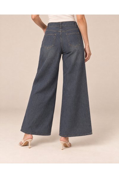 TOP CLOTHE بنطال جينز نسائي واسع الأرجل بخصر مرتفع وزرين أماميين، جينز وايد ليق طويل بقصة فضفاضة وجيوب أمامية وخلفية، بنطلون دنيم كاجوال