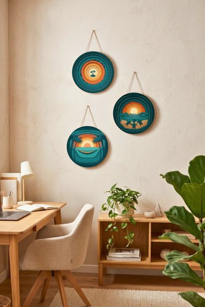 Nod Tropik Ada 3-Piece Round Table Set with String, Mdf Wood Wall Decoration,...
