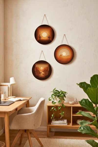 Nod Desert Sunset 3-Piece Round Painting Set with String, Mdf Wood Wall Decor...