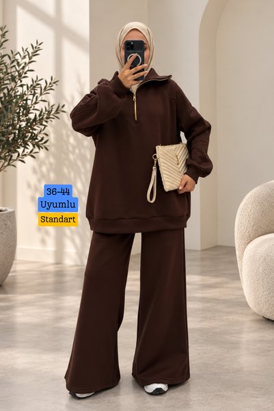 Balenbi Women's 3 Thread Threaded Half Zipper Basic Set 3910 Brown