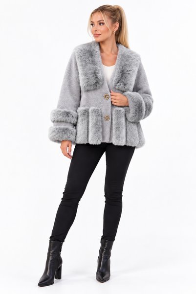 MARWARİ OTANTİK BUTİK Women's Fur Cashmere Angora Pocketless Short Coat 40-46