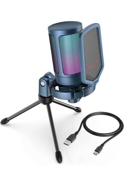 Fifine ميكروفون ألعاب AmpliGame A6V USB، ميكروفون مكثف RGB للبث المباشر