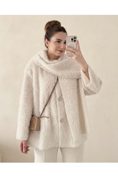The Hench Plush Jacket with Scarf and Button Detail