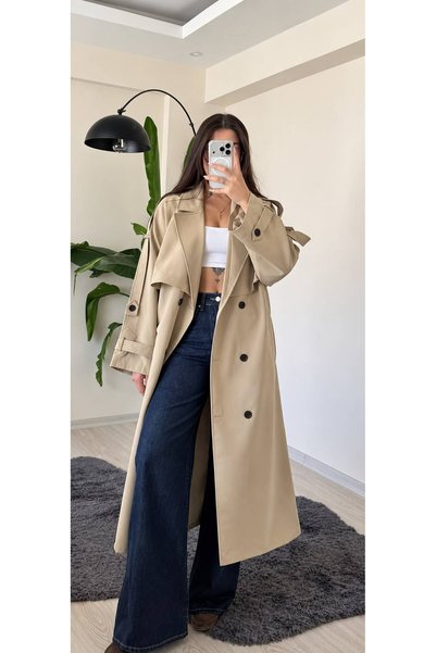 Genel Markalar Kadın Bej Oversize Kruvaze Düğmeli Uzun Trençkot Kuşak Detaylı