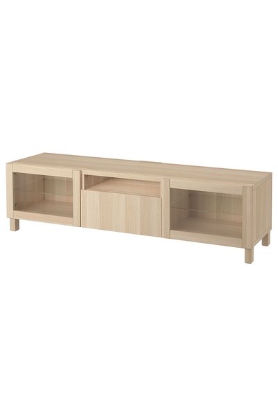 IKEA Ağartılmış Meşe TV Sehpası 180x42x48 cm, 2 Cam Kapaklı, 1 Çekmeceli, Raflı