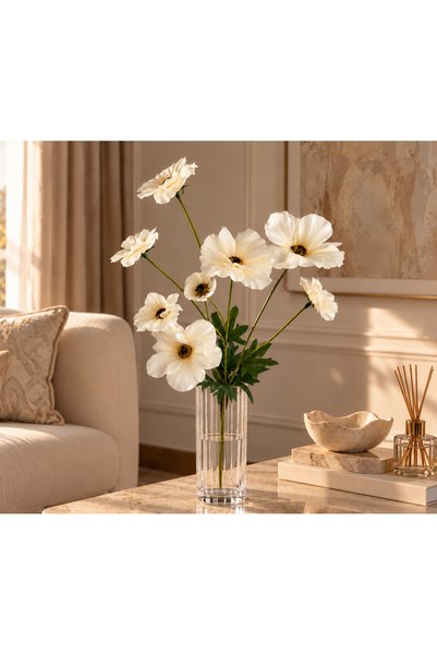 Happyland Yapay Çiçek Beyaz Anemon 7 Çiçekli Tek Dal 80 cm Gerçekçi Görünümlü...