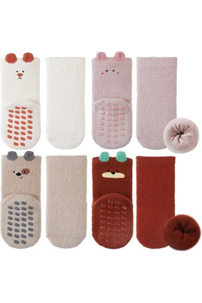 TERRIFI 4 Pairs Baby Grip Socks with ABS Anti-Slip Soles, Thickened Warm Cott...