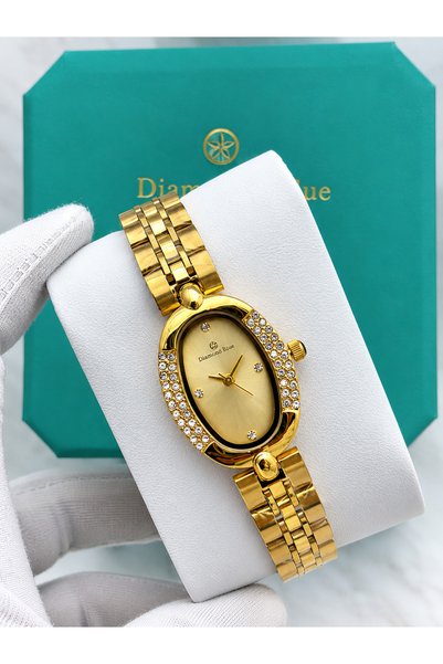 Elgante ساعة نسائية Diamond Blue ذهبية بميناء بيضاوي وإطار مرصع بالكريستال