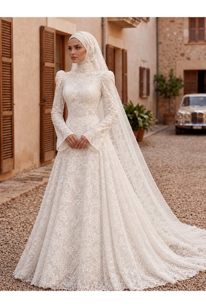 parisgelinlik Tesettür Gelinlik Uzun Kollu Dantel İşlemeli Helen Model Gelinlik