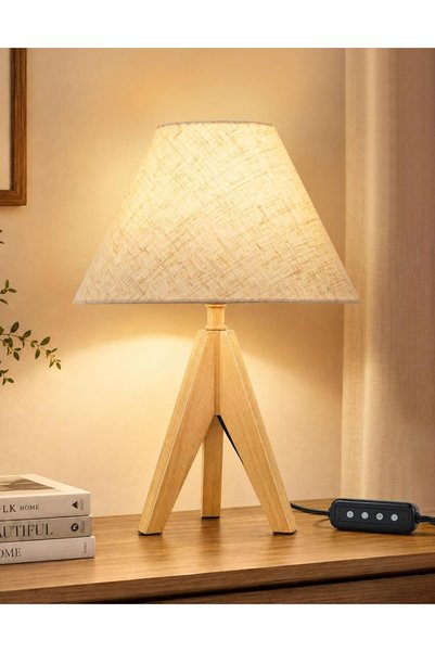 OUTON Solid Wood Tripod Table Lamp, Bedside Lamp with Dimmer & Timer