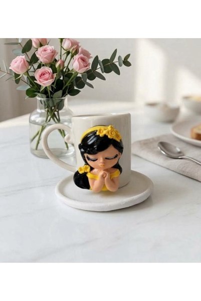 sutasarimevi 3D Embossed Cute Girl Motif Porcelain Cup & Saucer