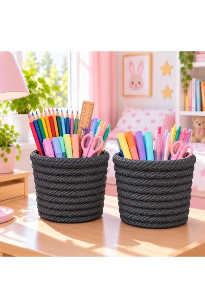 EGE ÖRGÜM 12X11 cm Mini 2-Piece Multi-Purpose Wicker-Look Mesh Basket, Pen Ho...