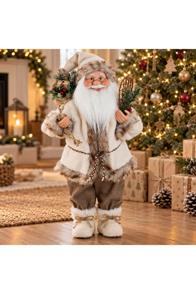 SBR Decorative Santa Claus figurine with skis, 63 cm, ecru and brown, with Fu...