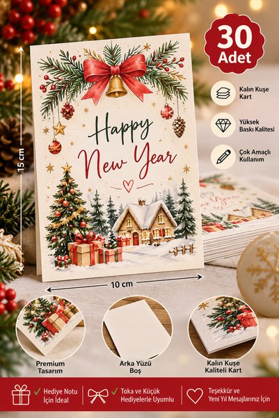 PAMEPAW ılbaşı -Yeni Yıl Toka / Teşekkür / Not Kartı 15X10 cm. Happy New Year - 30 Adet
