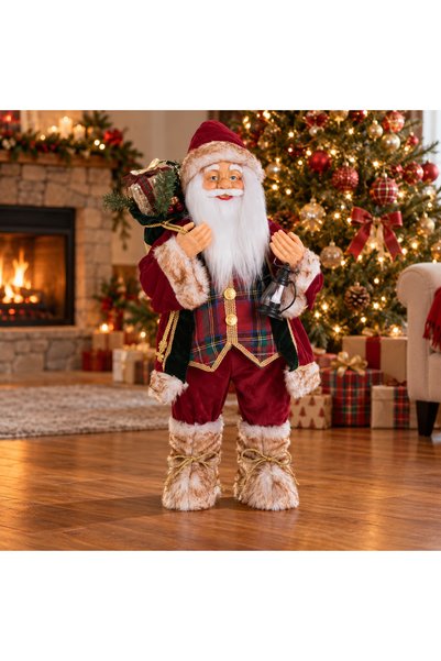 SBR Decorative Santa Claus figurine with lantern and gift bag, 80 cm, burgund...